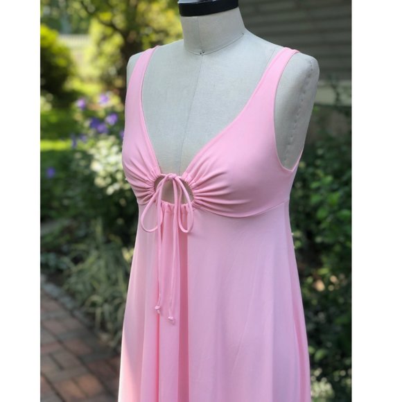 Vintage 70s Key Hole Tie Front Empire Waist Barbiecore Pink Maxi Nightgown Dress - Picture 9 of 15